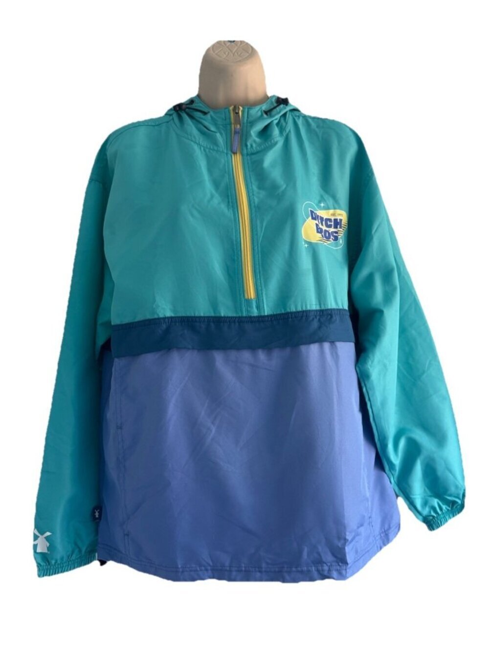 Dutch Bros Women's Sz S Teal Blue Hooded Windbreaker Retro 90s